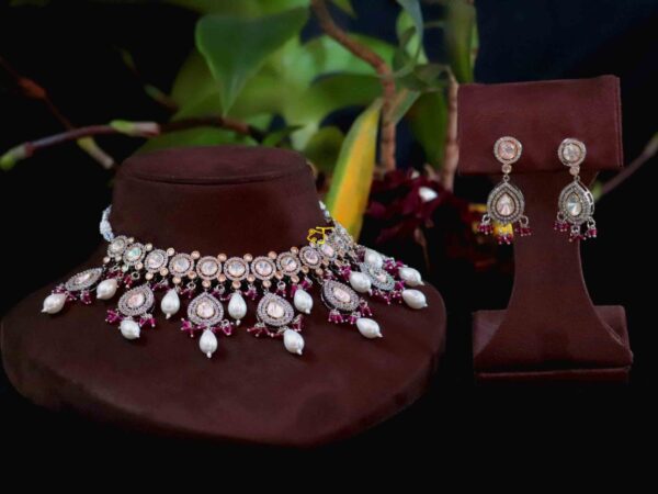 Exquisite Elegance: Polki Kundan Semi-Bridal Necklace with Adorned Work and Hydro Stone Lorel Filling