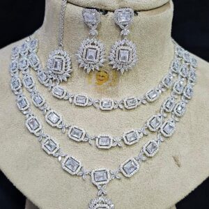 Triple Layer Silver American Diamond Necklace Set