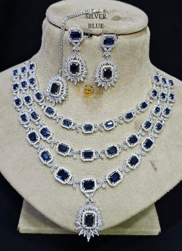 Triple Layer Silver American Diamond Necklace Set