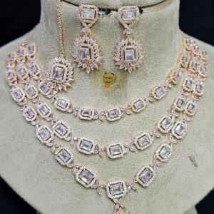 Triple Layer Rose Gold American Diamond Necklace Set